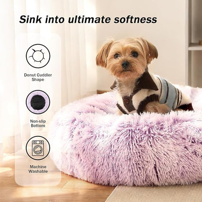NOYAL Calming Donut Dog Bed for Small to Medium Dogs & Cats - Plush Faux Fur Anti-Anxiety Pet Bed with Machine Washable Cover & Non-Slip Base
