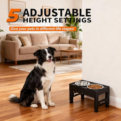 LAKIPETN Elevated Dog Bowls with 2 Stainless Steel Bowls, Raised Dog Food Bowl Stand 5 Height Adjustable (3.1", 9", 10", 11", 12") Non-Slip Feeder Station Set for Medium and Large Dogs - Black