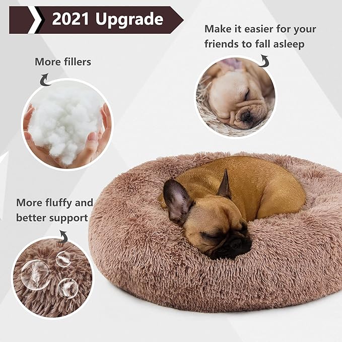 Calming Dog Bed for Medium Dogs Washable Donut 30 inches Anti-Slip Pet Bed,Round Fluffy Plush Faux Fur Cat Bed,Fits up to 45 lbs Pets,Camel