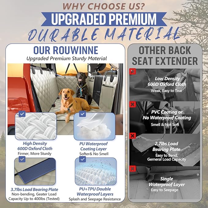 ROUWINNE Back Seat Extender for Dogs Truck-Large Space, Pet Seat Cover Back Seat Hard Bottom Holds 400lbs, Waterproof Dog Hammock for Crew Cab Trucks F150, RAM1500, Sierra, Tundra, Silverado