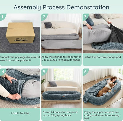 Human Dog Bed for Adult - Luxury Faux Fur Giant Size Dog Bed with Portable Handle, Egg Orthopedic Foam Bed with Blanket, 72"x40"x10", Linen