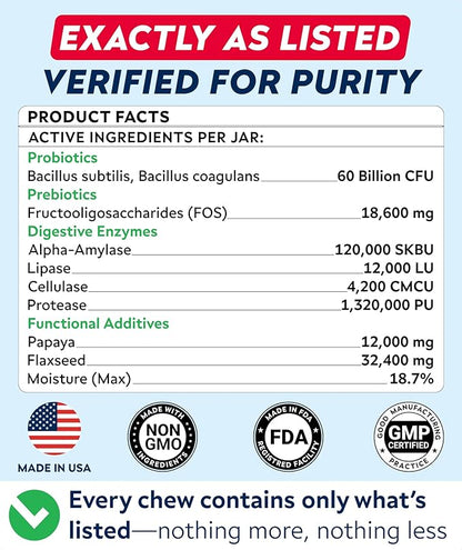 STRELLALAB Vet Strength Dog Probiotics Treats - 60 Billion CFU per jar + Digestive Enzymes Prebiotics - Chewable Fiber Supplement w/Pumpkin - Diarrhea, Gas, Constipation, Upset Stomach Relief