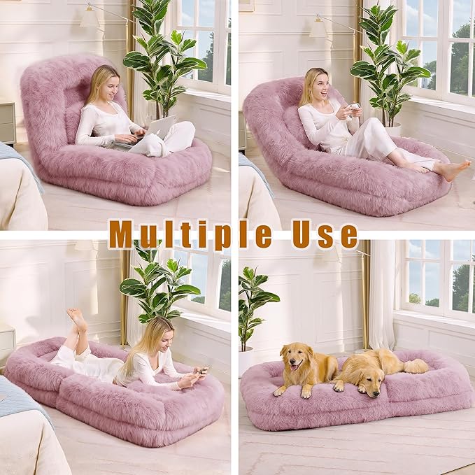 KEIKI 69" Plush Faux Fur Human Size Dog Bed, Oversized Foldable Human Dog Bed for Adults and Pets, Adjustable Lounge Sofa Bed with Cushions, Giant Dog Bed for Humans, Pink