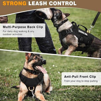 WINSEE Tactical Dog Harness with Dog Leash, Dog Collar, Service Working MOLLE Vest with 10 Pet Patches for Medium Dog, No Pull Military Harness and Backpack with Airtag Holdler