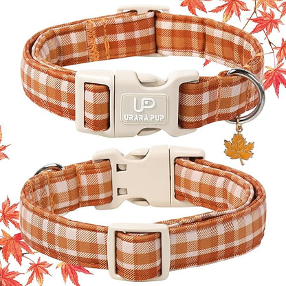 Fall Plaid Dog Collar with Maple Leaf Charm – Adjustable Autumn Checkered Dog Collar for Small Medium Large Dogs, Soft Cotton Puppy Collars with Quick Release Buckle and Metal D-Ring