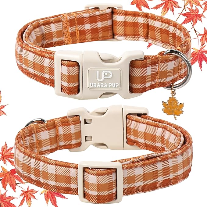 Fall Plaid Dog Collar with Maple Leaf Charm – Adjustable Autumn Checkered Dog Collar for Small Medium Large Dogs, Soft Cotton Puppy Collars with Quick Release Buckle and Metal D-Ring