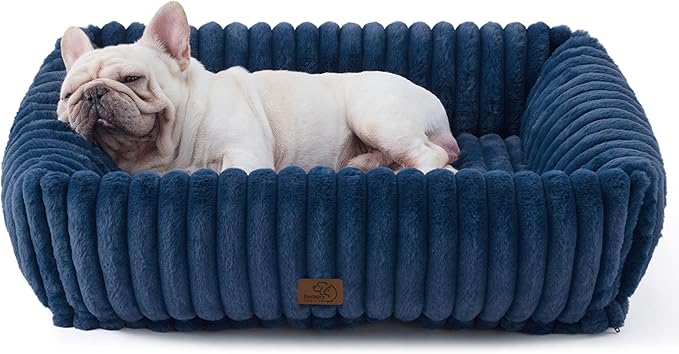Bedsure ComfyFleece Cute Dog Beds Large Sized Dog - Washable Furry Pet Beds, Rectangle Orthopedic Corduroy Fleece Puppy Beds with Removable Zipper Cover, 30x24x8 inches,Night Blue