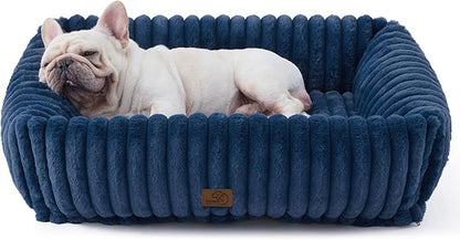 Bedsure ComfyFleece Cute Dog Beds Large Sized Dog - Washable Furry Pet Beds, Rectangle Orthopedic Corduroy Fleece Puppy Beds with Removable Zipper Cover, 30x24x8 inches,Night Blue