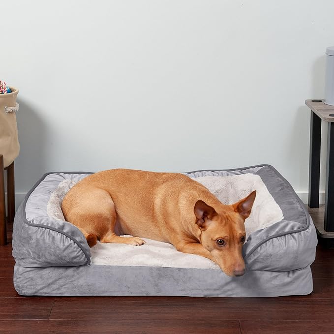 Furhaven Orthopedic Dog Bed for Medium/Small Dogs w/ Removable Bolsters & Washable Cover, For Dogs Up to 35 lbs - Plush & Velvet Waves Perfect Comfort Sofa - Granite Gray, Medium