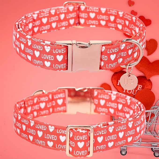 UP URARA PUP Valentine's Dog Collar,Red Heart Dog Collar for Small Medium Large Girl Boy Dogs or Cats, Wedding Dog Collar Match Dog Leash, Pet Collar with Metal Buckle, L
