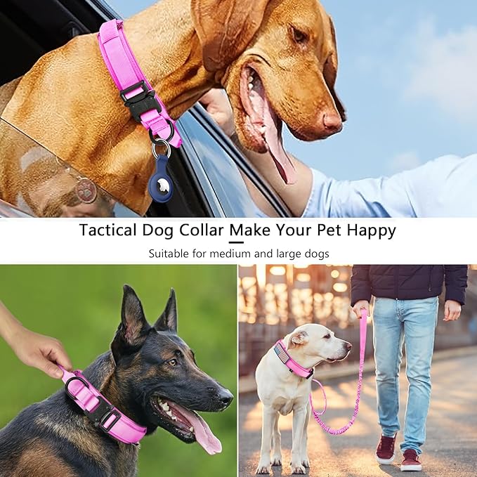 DAGANXI Tactical Dog Collar, Adjustable Military Training Nylon Dog Collar with Control Handle and Heavy Metal Buckle for Medium and Large Dogs, with Patches and Airtags Case (XL, Pink-Set)
