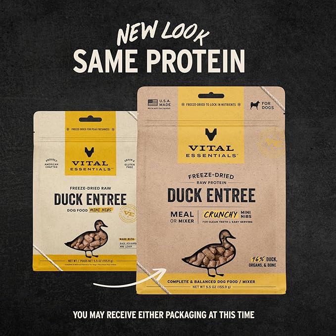 Vital Essentials Freeze-Dried Raw Dog Food, Duck Crunchy Mini Nibs | Complete Meal or Mixer | High Protein Dog Food | 5.5 oz