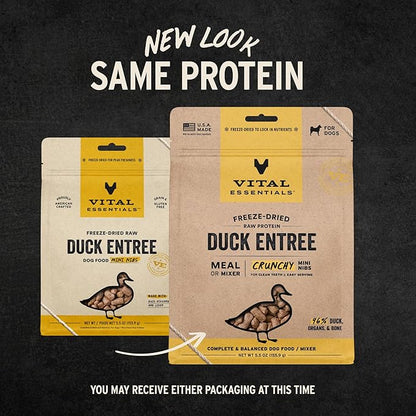 Vital Essentials Freeze-Dried Raw Dog Food, Duck Crunchy Mini Nibs | Complete Meal or Mixer | High Protein Dog Food | 5.5 oz