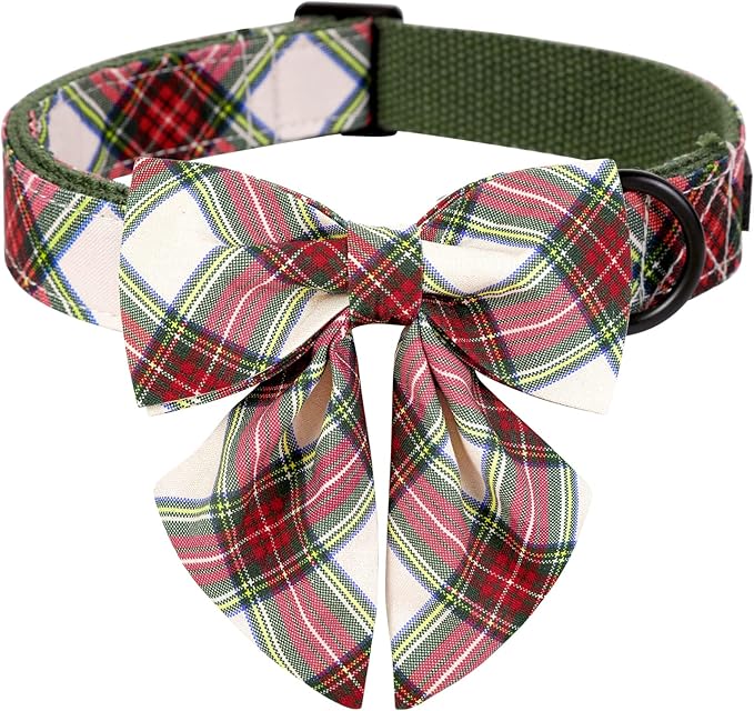ARING PET Christmas Dog Collar, Cute Xmas Pet Collar with Sailor Bowtie Red and Green Plaid Bow Tie Collars with Metal Buckle for Puppy Small Medium Large Boy Girl Dogs-L