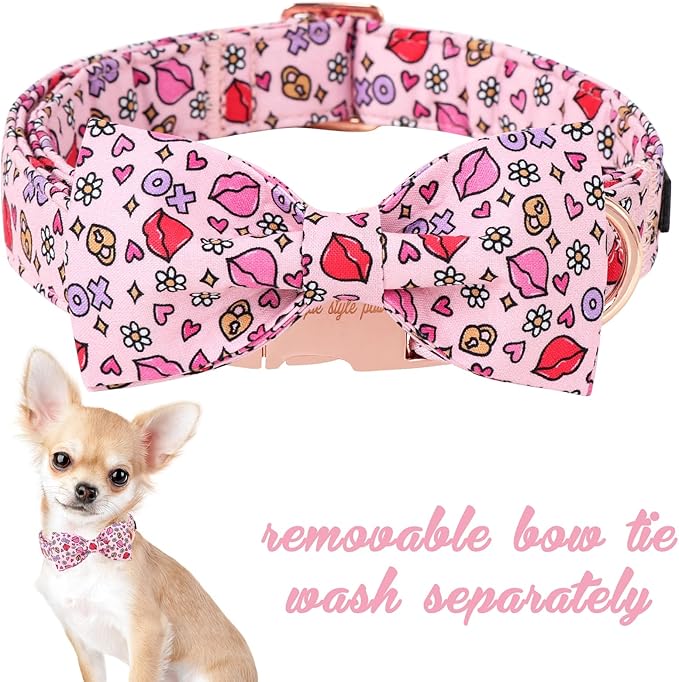 Unique style paws Valentine's Day Dog Collar with Bow Tie XO Red Lips Puppy Collar Best Gift for Small Medium Large Boys Girls-L