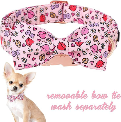 Unique style paws Valentine's Day Dog Collar with Bow Tie XO Red Lips Puppy Collar Best Gift for Small Medium Large Boys Girls-L
