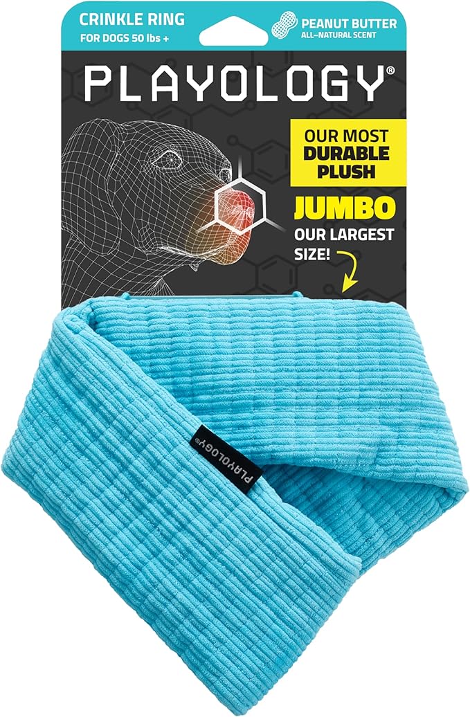 Playology Dog Toys | Plush Toy Crinkle Ring for Dogs | Jumbo Peanut Butter Scented Toy - Easy to Clean and Made from Non Toxic Materials