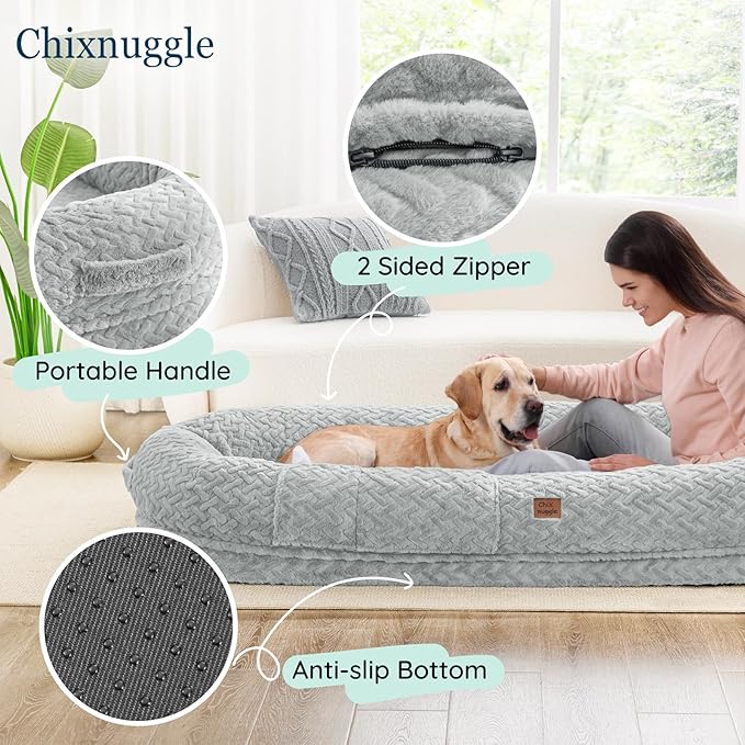 Human Dog Bed for Adult - Luxury Faux Fur Giant Size Dog Bed with Portable Handle, Egg Orthopedic Foam with Blanket, 72"x40"x10", Light Grey