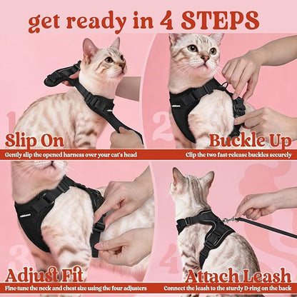 rabbitgoo Cat Harness and Leash for Walking, Escape Proof Soft Adjustable Vest Harnesses for Cats, Easy Control Breathable Reflective Strips Jacket, Black, M