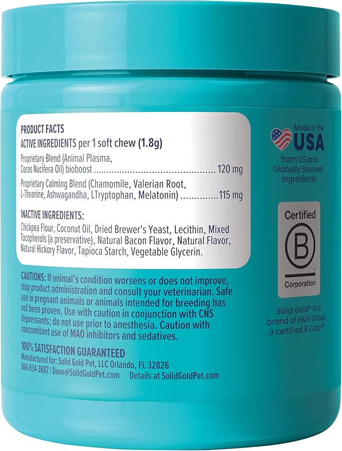 Solid Gold Calming Chews for Dogs - Dog Calming Chews W/Melatonin for Separation, Stress & Hyperactivity Relief - Supports Relaxation for Travel, Fireworks & Storms - All Ages & Sizes - Bacon - 60ct