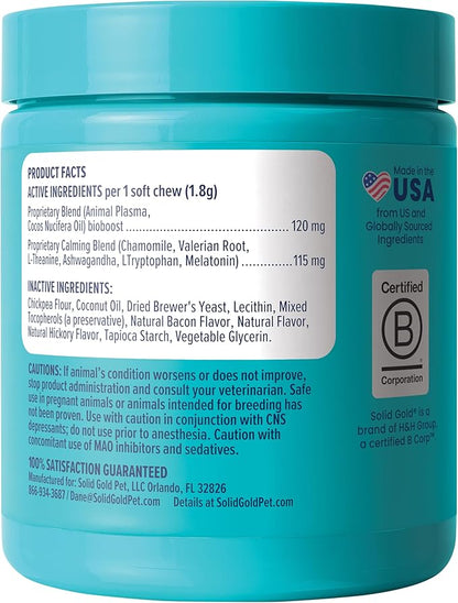 Solid Gold Calming Chews for Dogs - Dog Calming Chews W/Melatonin for Separation, Stress & Hyperactivity Relief - Supports Relaxation for Travel, Fireworks & Storms - All Ages & Sizes - Bacon - 60ct