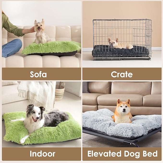 EHEYCIGA Fluffy Dog Crate Bed for Medium Dogs, Plush Faux Fur Crate Pad, Calming Anti Anxiety Medium Dog Bed, Washable Soft Warm Mat with Non-Slip Bottom, Green
