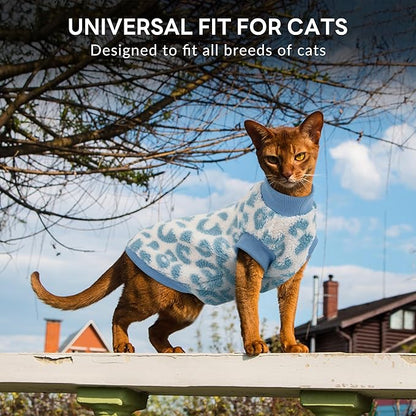 PUMYPOREITY Winter Warm Cat Sweater - Super Soft & Elastic Knit with Plush Fleece, Easy-On Design with Ribbed Neck & Cuffs, Stretchy Cat Outfit for Indoor/Outdoor Use,Blue, L