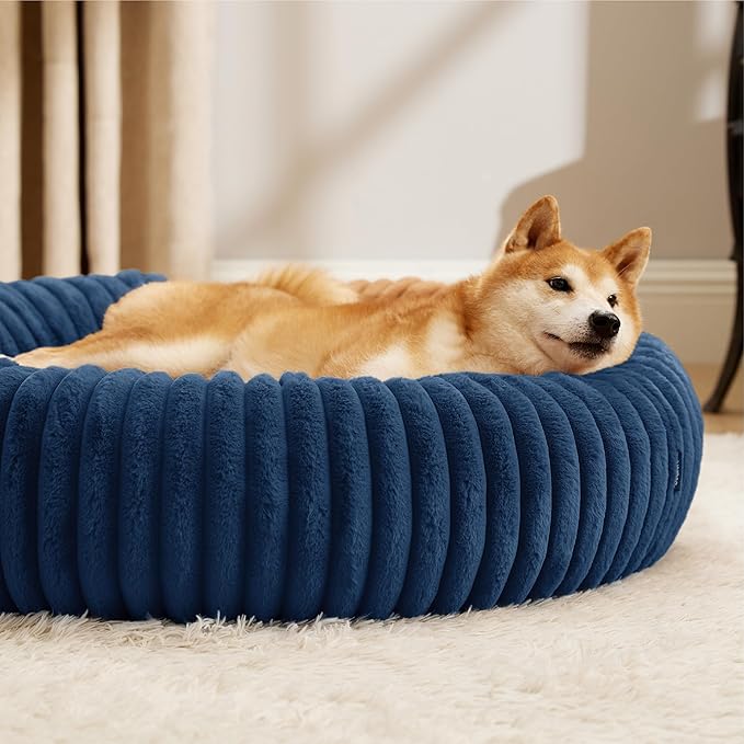 Bedsure ComfyFleece Donut Large Dog Bed - Washable Faux Fur, Corduroy Fleece & Anti Slip Bottom, Round Pet Beds with Removable Cover, Night Blue, 36x36x8 inches
