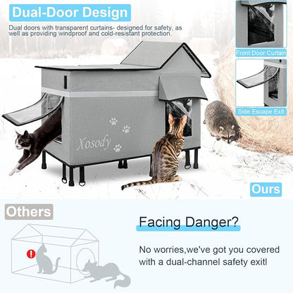 Xosody Heated Cat House for Outside Cats- 100% Weatherproof Insulated Outdoor Cat House with Heating Pad, Elevated Base & Safe Escape Door, Warm Kitty Shelter for Feral or Stray Cats in Winter