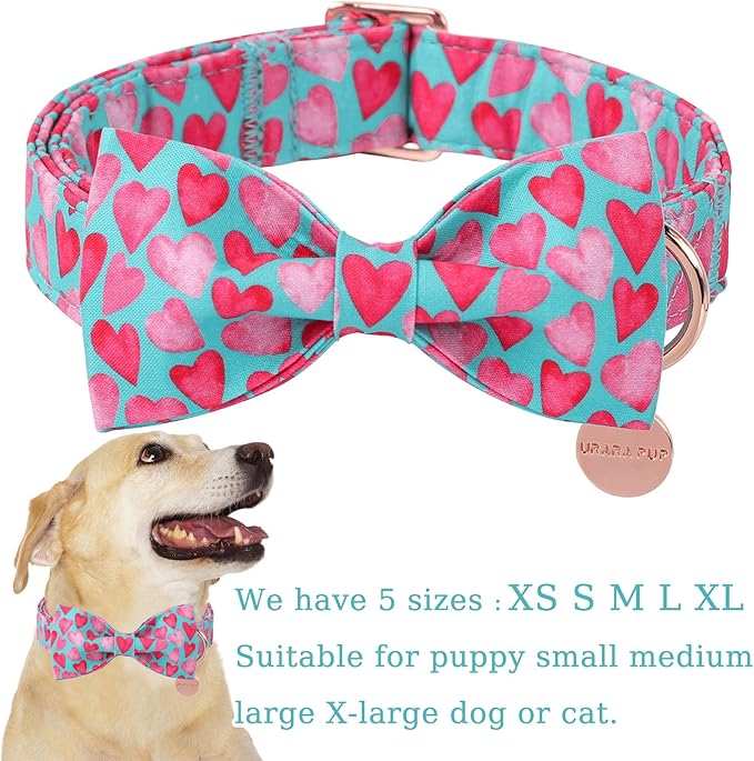UP URARA PUP Valentine’s Day Dog Collar with Bow Tie, Pink Heart Bowtie Collar with Metal Buckle, Valentine’s Day Gift Pet Collar for Puppy Girl Boy Dog or Cat, Wedding Dog Collar, XS, Neck 8-12in