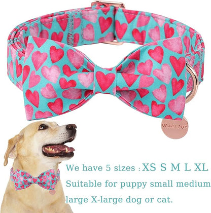UP URARA PUP Valentine’s Day Dog Collar with Bow Tie, Pink Heart Bowtie Collar with Metal Buckle, Valentine’s Day Gift Pet Collar for Puppy Girl Boy Dog or Cat, Wedding Dog Collar, S, Neck 10-16in