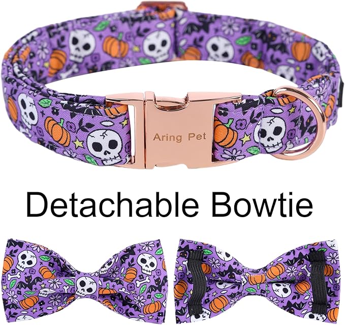 ARING PET Halloween Dog Collar Cute Pumpkin Dog Collar Bowtie, Cotton Purple Skull Bat Dog Collars Daisy Puppy Collars with Metal Buckle