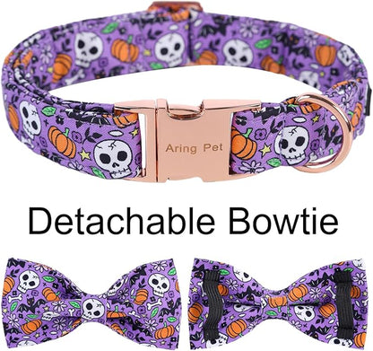 ARING PET Halloween Dog Collar Cute Pumpkin Dog Collar Bowtie, Cotton Purple Skull Bat Dog Collars Daisy Puppy Collars with Metal Buckle