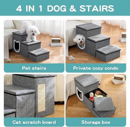Crispedia Dog Stairs for Small Dogs, 3-Step Dog Ramp for Couch and Bed, Cat Stairs with Storage and Condo, Indoor Non-Slip Pet Stairs for Puppy, Older Cats, Arthritis-Friendly, Grey