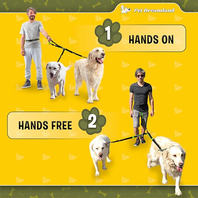 Pet Dreamland Exquisite Hands Free Leash for Two Large Dogs. Premium Quality & Versatile Waist Leash for Dog Walking No Tangle. You Will Absolutely Love This Amazing 2 Dog Gear (Black & Green)