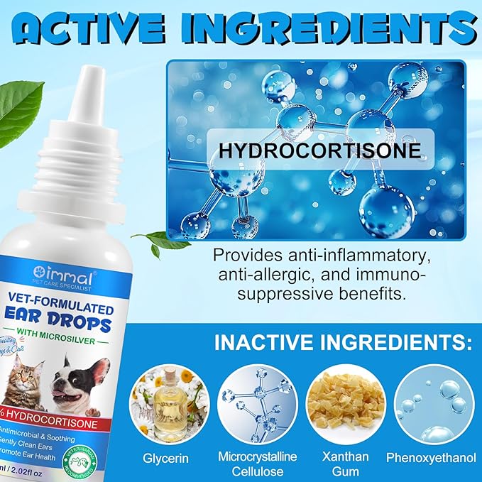 Cat & Dog Ear Infection Treatment Drops, 2Pack Pets Ear Cleaning Solution Drops with 1% Hydrocortisone Soothing Dog Yeast Infection, Treats Ear Infections, Itchy Ear Relief, Cat Ear Care Supplies