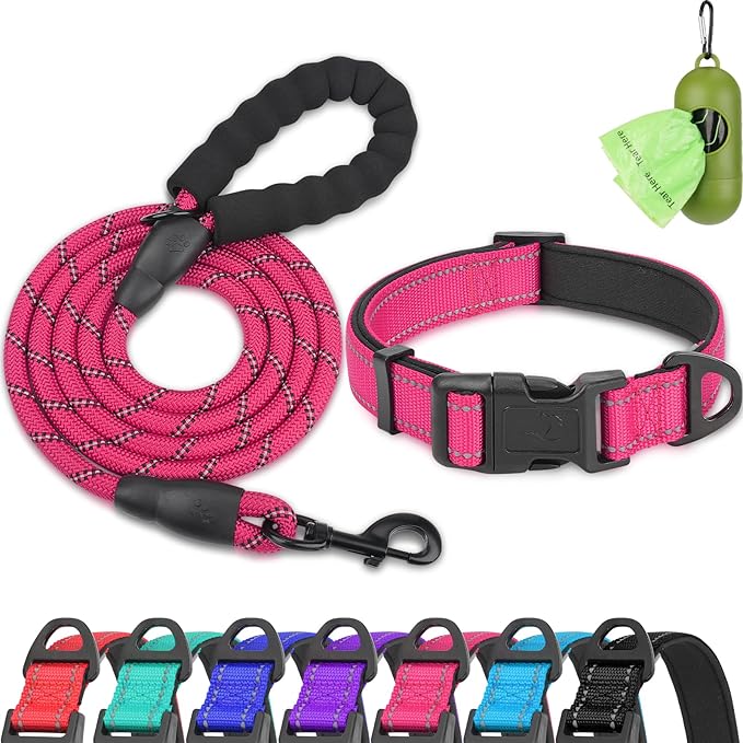 Dynmeow Reflective Dog Collar and Leash Set, 6FT Strong Climbing Rope Leash with Padded Handle, Adjustable Pet Collar with Soft Neoprene Padding for Large Dogs, Hot-Pink, L