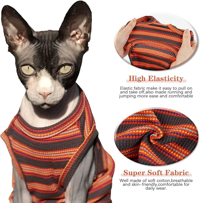 BRKURLEG Sphynx Hairless Cats Shirt Puppy Clothes Soft Cotton T-Shirts Cute Cats Pajamas Cat Stripes Vest Pet Sweater, Round Collar Vest Kitten Shirts(Red Stripes, XL)