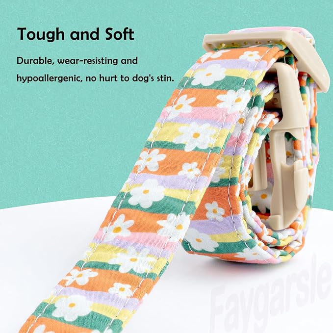 Faygarsle Colorful Floral Dog Collar, Cotton Fabric with Daisy Pattern, Multi-Color Stripes Spring Summer Design for Small Medium Large Dogs S