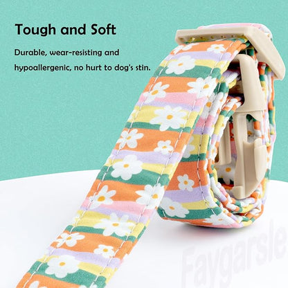 Faygarsle Colorful Floral Dog Collar, Cotton Fabric with Daisy Pattern, Multi-Color Stripes Spring Summer Design for Small Medium Large Dogs XS