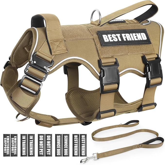 Service Dog Vest and Leash Set,Heavy Duty Tactical Dog Harness with Metal Buckles for Medium Sized Dogs,Adjustable No-Pull Dog Harness with 10 Patches for Training Working Hiking,Brown M