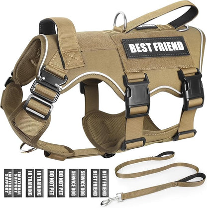 Service Dog Vest and Leash Set,Heavy Duty Tactical Dog Harness with Metal Buckles for Medium Sized Dogs,Adjustable No-Pull Dog Harness with 10 Patches for Training Working Hiking,Brown M