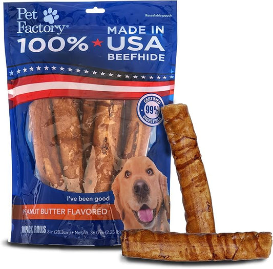 Pet Factory 100% Made in USA Beefhide 8" Rolls Dog Chew Treats - Peanut Butter Flavor, 10 Count/1 Pack