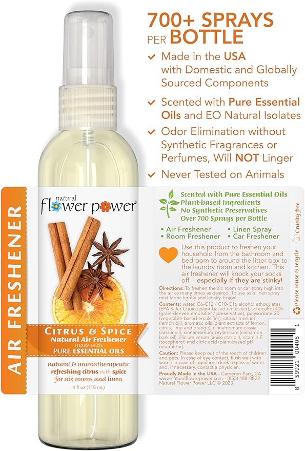 Natural Flower Power Air Freshener Spray - Odor Eliminator w/Essential Oils - Home, Car & Fabric - Cruelty Free & Vegan - 3 - Citrus & Spice - 3 x 4 fl oz