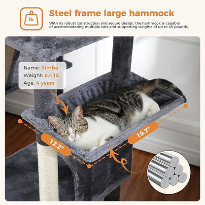 PAWZ Road 70 Inch Cat Tower, Tall Cat Tree with 2 Cozy Condos, 2 Plush Perch, Large Basket, 2 Scraching Pad & 6 Scraching Posts for Indoor Cats Large Adult, Dark Gray