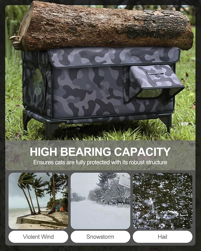 Heated Cat House for Outside,Dual Camera Mounts,100% Weatherproof & Extremely Insulated,Elevated Feral Cat Shelter with Escape Door,Waterproof Eaves for Outdoor Stray Barn Cat(Dark Camo,S)