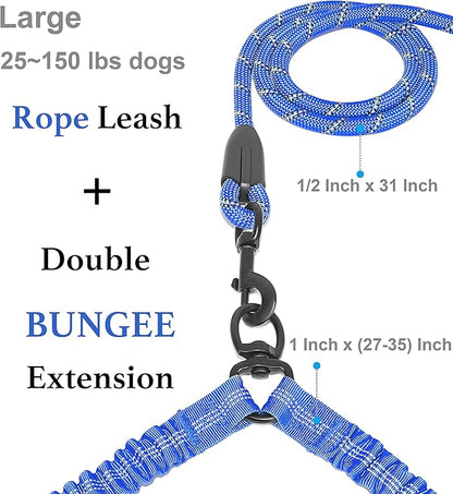 iYoShop Dual Dog Leash - 360° Swivel, No Tangle Walking Leash with Shock Absorbing Bungee for Two Dogs (Large, 25-150 lbs, Royal Blue)