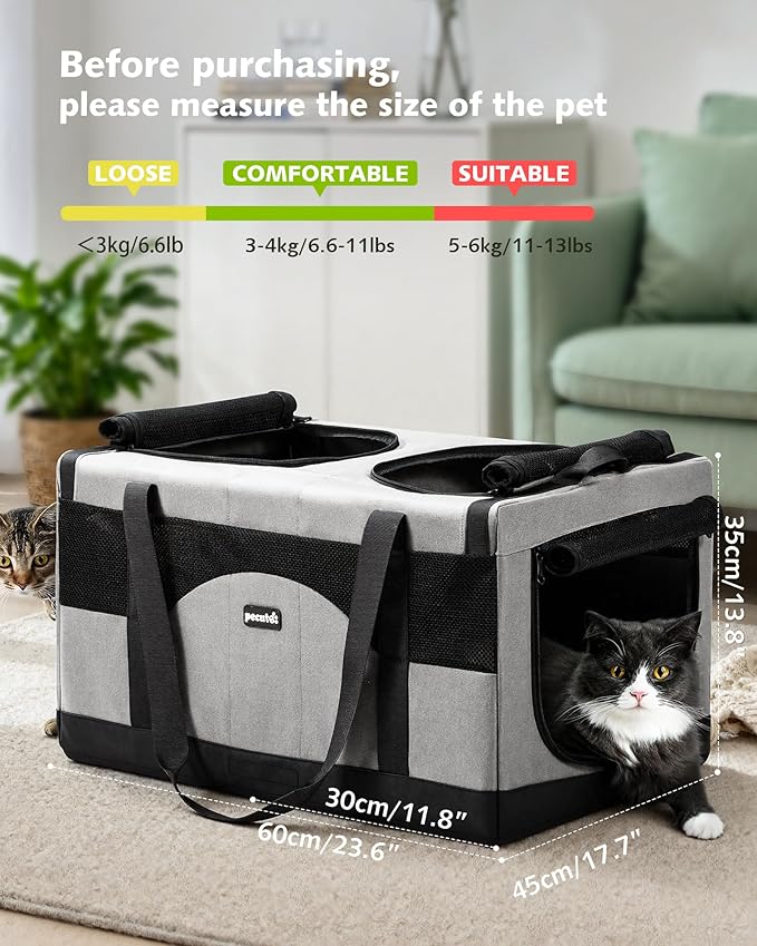 Pecute Large Cat Carrier for 2 Cats Built-in Steel Frame & Removable Divider,Pet Carrier for Car Travel,Foldable Dog Crate,Soft Double Cat Crate with Breathable Mesh,Vet,Gray