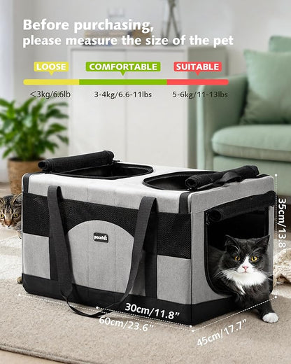 Pecute Large Cat Carrier for 2 Cats Built-in Steel Frame & Removable Divider,Pet Carrier for Car Travel,Foldable Dog Crate,Soft Double Cat Crate with Breathable Mesh,Vet,Gray