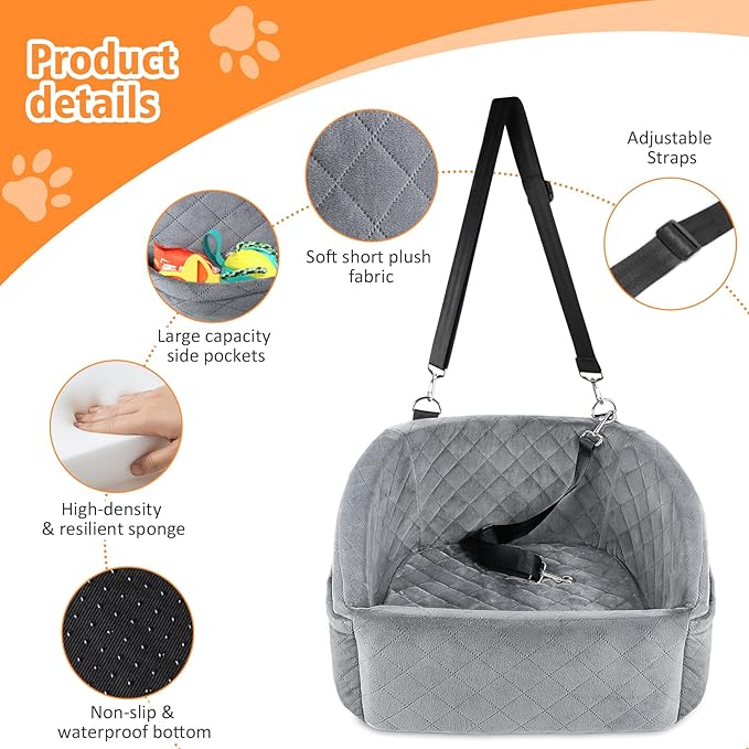 NEEZUKAR Dog Car Seat for Small Dogs,Detachable Washable Dog Booster Seat for Medium Dogs Under 30lbs, Pet Car Seat Travel Bed with Storage Pockets and Dog Safety Belt (Grey)